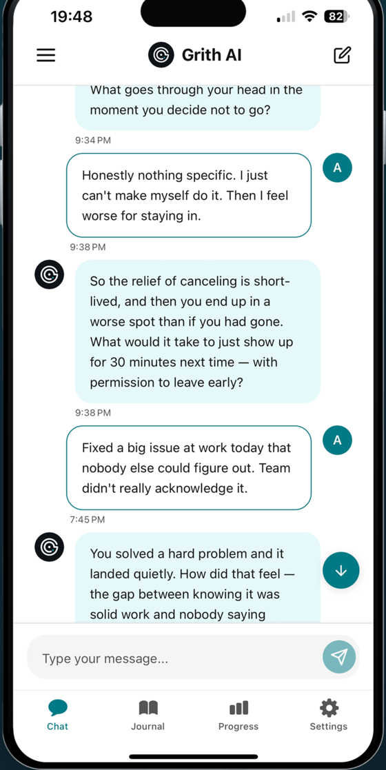 Grith AI reflection chat screen