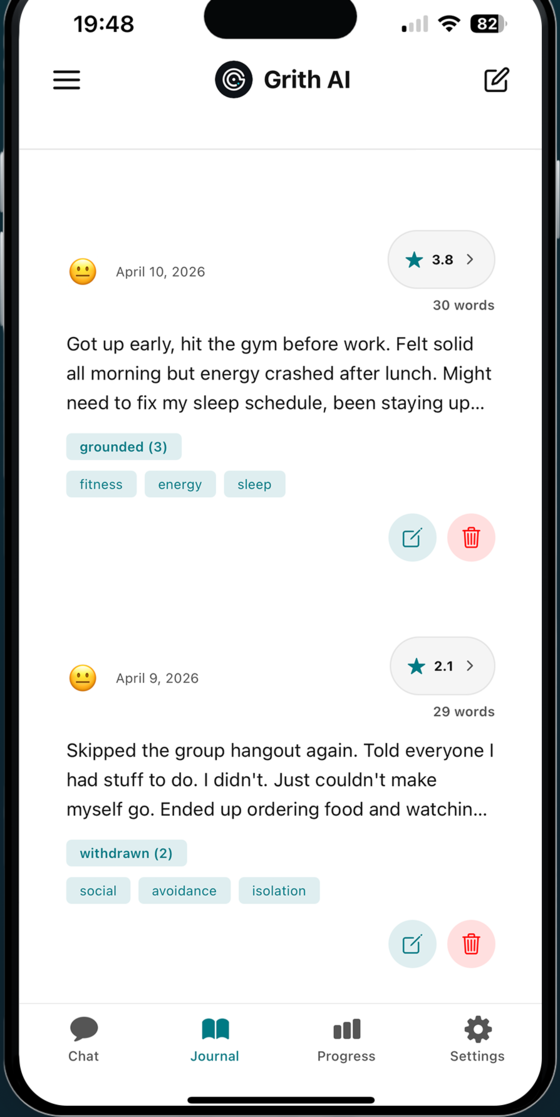 Grith journal screen showing daily entries with mood tags